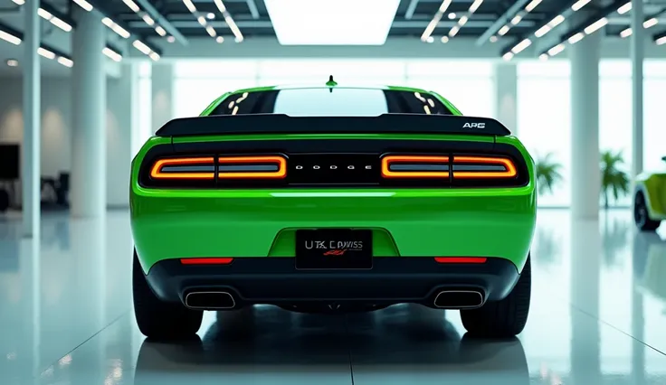 Rera back   grill view A captivating image of a futuristic showroom displaying the 2025 Dodge Challenger  in a stunning green and white color scheme. The electric car features sleek, angular LED HD  tail  lights and a prominent black number plate  adorned ...