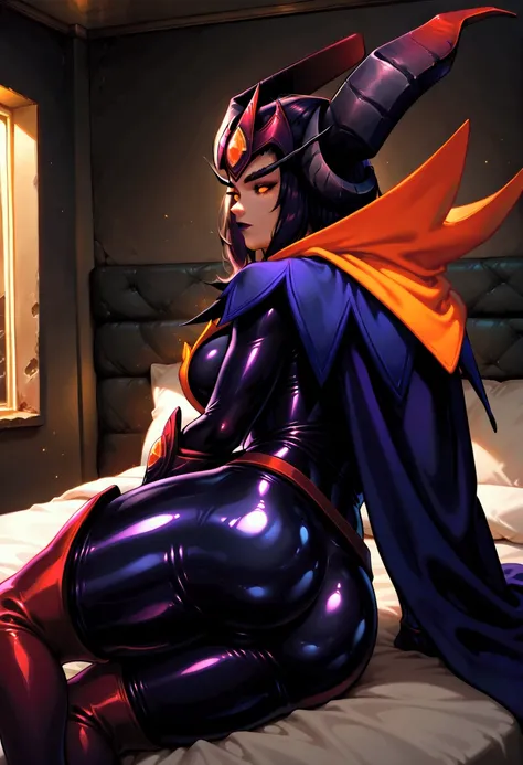 score_9,score_8_up,score_7_up,score_6_up, score_5_up, realistic, detailed background, atmospheric lighting, uploaded on e621, explicit content, (rak), 1girl, female, solo, alexdark, dark purple bodysuit, orange cowl, dark purple hair, cleavage, dark cape, ...