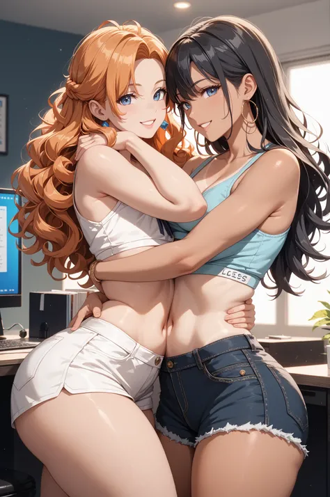 (date:20250128, By:Joulios)  2girl photo, first girl( flat chest tall tanned wearing a crop top and shorts with elbow length curly Orange hair hugging a woman), the second girl, woman(mature woman with office clothes curvy with Big breasts, smiling,black h...