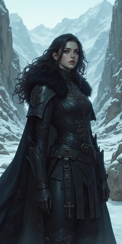 A dark warrior with wavy black hair, pale skin, and intense, glowing golden-yellow eyes, exuding a mysterious and powerful aura. She wears a detailed black leather armor, form-fitting with engraved metallic elements and ornate pauldrons. A flowing black cl...