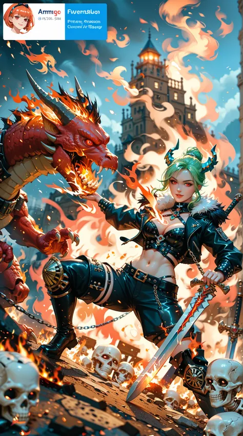    stands next to a burning bear skeleton warrior  ， red-hot eyes  ，  and re-stitched with different leather and chain patches  ，  emits faint flames and bright cyan glow on her bones。  draped over her shoulder a heavy greenish big sword  ，  Her sword has ...