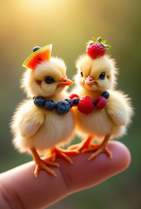 Two tiny, adorable ostrich chicks with soft, fluffy beige feathers perched on a finger, each wearing a tiny fruit hat, one with a small slice of watermelon and the other with a strawberry. Around their necks are colorful garlands made of blueberries and ra...