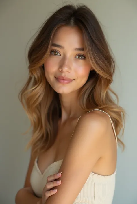 A young woman in her early twenties is portrayed in her natural form, showcasing a simple and authentic beauty. Her medium-length hair falls in soft waves over her shoulders, with a natural color ranging from light brown to honey, reflecting the light deli...