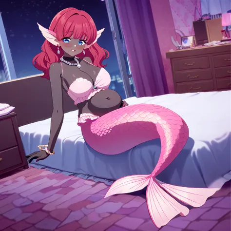 Anime mermaid girl beautiful, pink mermaid, pink mermaid tail below waistline, scales mermaid tail, long mermaid tail, black skin, red hair, fin ears, diamond earings, pearl necklace, blue eyes, red blush, pink lips, pink bra, belly, large breasts, cleavag...