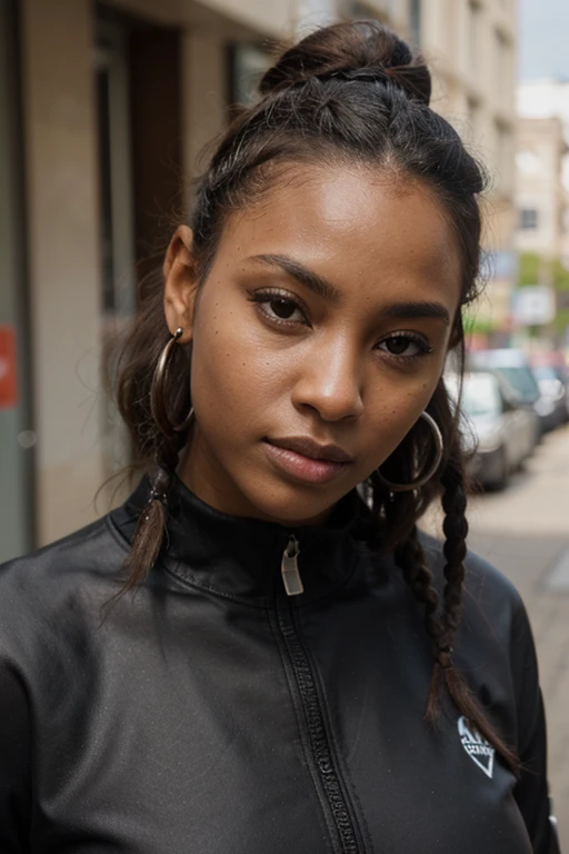 African black woman, very dark ebony skin, dreadlocks chignon, Fitness musclular body, close-up portrait, from face, leather tracksuit, street Block 