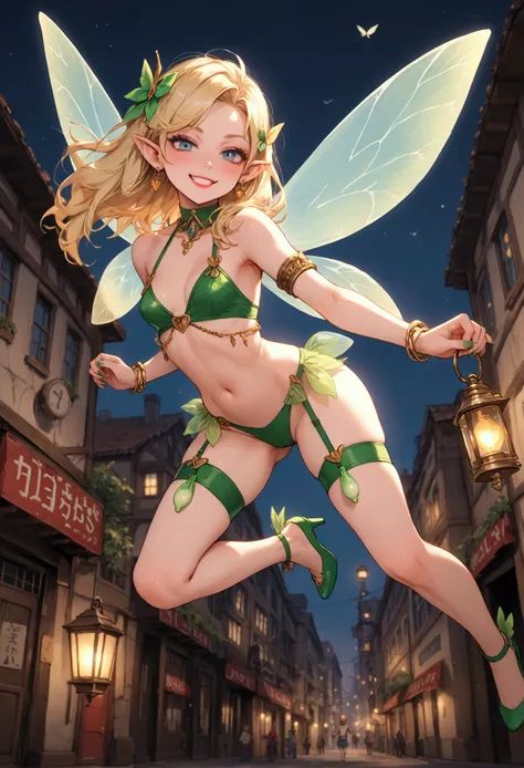 Score_9, score_8_up, 4k, 8k, detailed face, source_anime, smug fairy girl with small breasts, skimpy outfit, flying, fairy wings, slut, prostitute fairy, whore, city, nighttime, lantern, street, neon lights, red-light-district, prostitute, prostitute fairy...