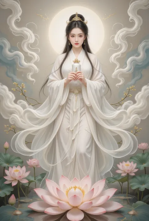 Guanyin Bodhisattva wearing white Hanfu,Wearing a white scarf on her head，She has black hair，The left hand holds a white bottle with willow branches and leaves。She stands on a lotus,There are lotuses at her feet and clouds behind her，Detail hands，She looke...