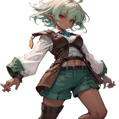 1 ,  High resolution,  short hair,  Big breasts, Pointy ear,  brown skin,  red eyes, shorts verdes, white shirt with brown leather vest