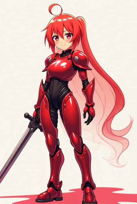 Japanese animation art. A futuristic girl made of translucent red slime stands proudly, wearing a suit of armor. It holds a sword in one hand, exuding confidence and strength. Its gentle smile adds warmth to its determined presence, creating a unique contr...