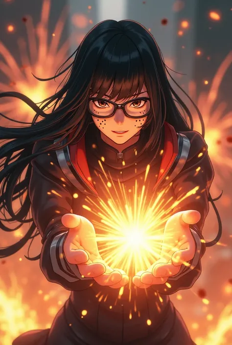 You could make a girl from Boku no Hero Academia with long black hair, black dots on her face, glasses, dark eyes and that she looks more like a woman.? 
Make things explode with your hands  
