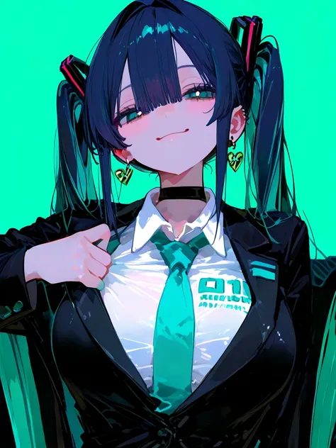  Masterpiece、最  high quality、  high quality、  Very aesthetic 、  absurd、Latest、  in the seat、  dark hair at the lower r store、  long hair、 vêtements Hatsune Miku、   shirt,  tuxedo ,  earrings,    jacket    , 色ed     shirt, Aqua Nail,    black choker  , very...