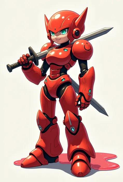 Japanese animation art. A futuristic robot girl made of translucent red slime stands proudly, wearing a suit of armor. It holds a sword in one hand, exuding confidence and strength. Its gentle smile adds warmth to its determined presence, creating a unique...