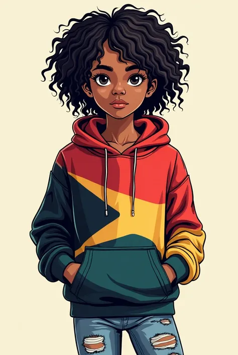 A vector image of an west papuan girl, with curly hair, wearing a west papuan flag printed on the hoody and a rip jean, create it in a wear it will look cooler on my music ablum