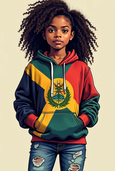 A vector image of an west papuan girl, with curly hair, wearing a west papuan flag printed on the hoody and a rip jean, create it in a wear it will look cooler on my music ablum