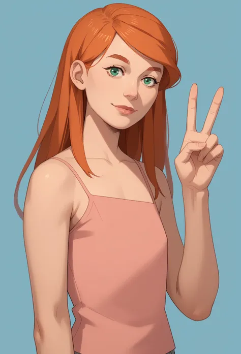 score_9, score_8_up, score_7_up, score_6_up, score_5_up, score_4_up, 1girl, solo, long hair, orange hair, green eyes, lips, camisole, pants, bare shoulders, upper body, smile, looking at viewer, v sign,
light blue background, simple background,