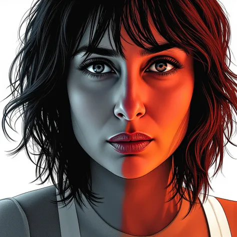 Graphic novel art of a woman. Detailed, expressive, ranges from black and white to full color, often more realistic than traditional comics, highly detailed.