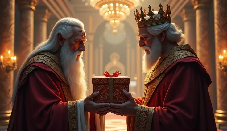 a wide shot of wise man give a box to a king