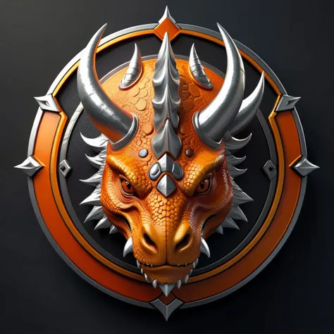 Realistic Round Shield Shape Emblem of a Chinese Platinum&Orange Triceratops Head, Dark Theme, Face and Body, Cool, Platinum&Orange Crown, Platinum&Orange Triceratops For Honor Name, Cinematic, Dark Fantasy, Illustration, 4k, Ultra Resolution, 3Dv0.2v0.2 R...