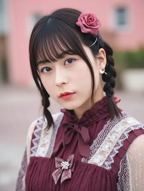  Japanese girls、 so cute、a beauty girl、s、( Gothic Lolita Fashion)、 beautiful face, Eye and Skin with Exquisite Details 、Fine black hair、Elegant frills、Ruffled tie、ribbon tie 、 rose hair accessory、( smiling at the camera )、( Cowboy Shots)、(European Castles)...