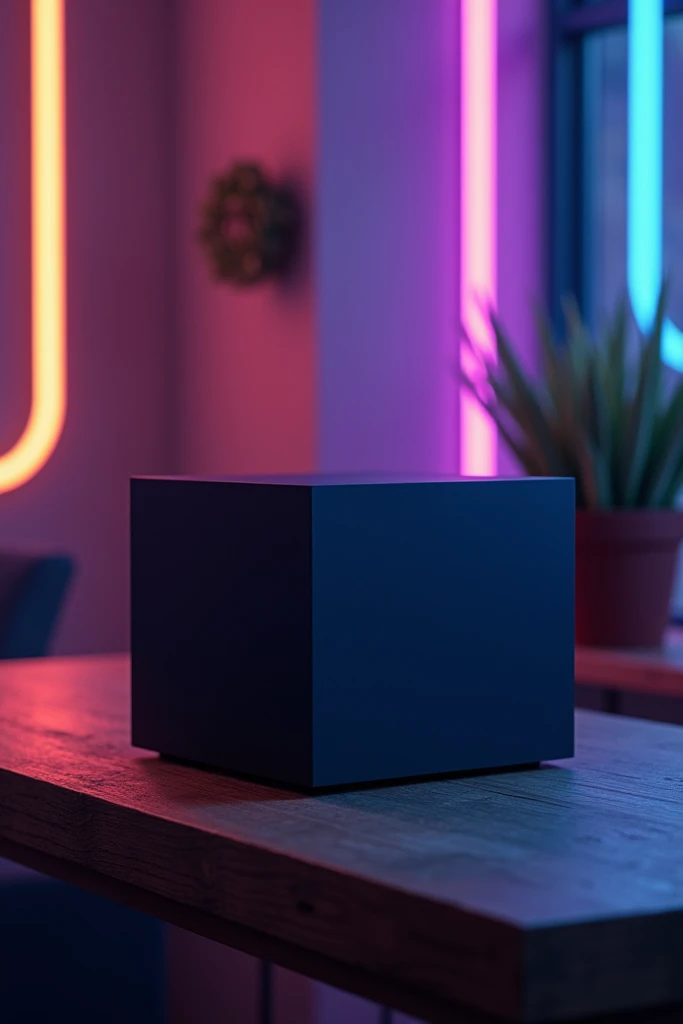  creates an image of a dark blue processor box, everything on a wooden table and in the background a wall with rgb 