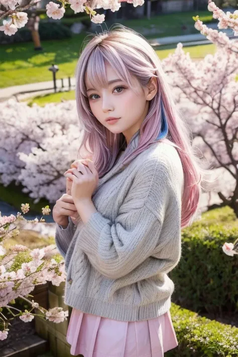 ( EXQUISITE DETAILS ),(masterpiece,  best quality),   super high resolution,  super high resolution, Alone, Japanese face,Japan modern, photographical eyes,beautiful hands ,  fluffy sweater like marshmallows,  gray short skirt , Outdoors, (Seven Colored Ga...