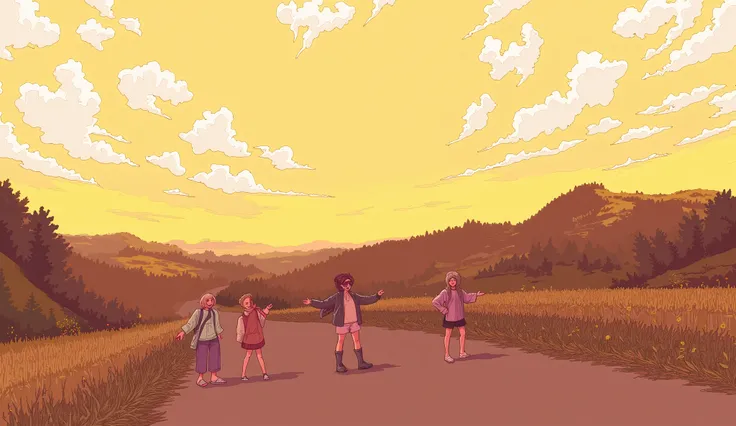 sun, Road, 4 young people posing, clouds, atardecer de sun, Lo-fi style