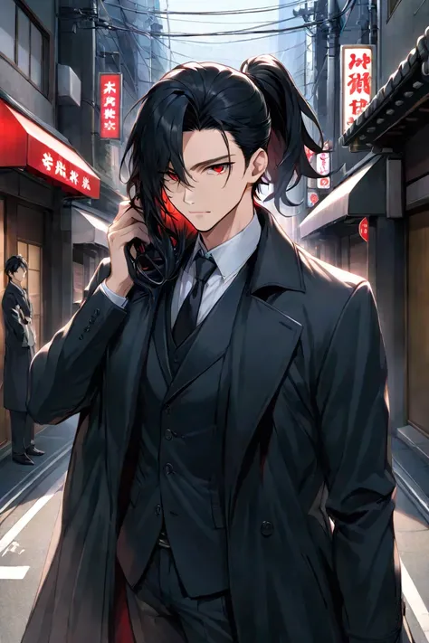    black hair,  handsome,  is amazing,male, shoulder-length hair , I'm bundling my hair at the back  , ponytail , alone,male1人,She has red eyes ,   black long coat , Face me,  suit,  knight ,Tokyo,Backstreets