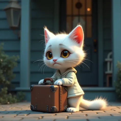 "A 3D Pixar-style animated scene featuring a small white kitten with fluffy, slightly unkempt fur, wearing a plain white shirt that is now dirty and wrinkled. Its golden-yellow eyes are filled with tears, streaming down its cheeks as it sobs quietly. The k...