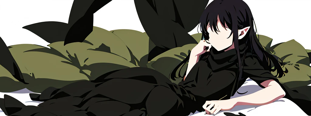 (1) 1 , alone, lying down,  long hair,  black hair,  pointy ears , wearing a black gothic dress, scarf, sitting,  white background.