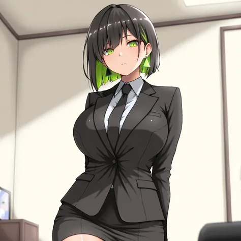 masterpiece, (((( best quality )))),,shiny skin, wearing a black suit,skirt suit, black tie , dark hair, short bob hair,The inner color of the hair is green, green eyes,isosceles triangle earrings,big breasts