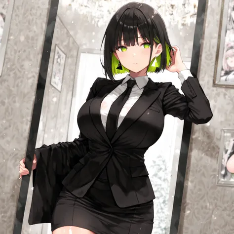 masterpiece, (((( best quality )))),character profilele,shiny skin, wearing a black suit,skirt suit, black tie , dark hair, short bob hair,The inner color of the hair is green, green eyes,isosceles triangle earrings,big breasts