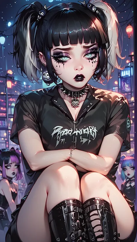 The powerpuff girls goth, powerpuff girls goth version, goth make up, sad girl, melancholic girl, ojos lagrimosos, background:city night, night lights, glow lights, glow skulls.
