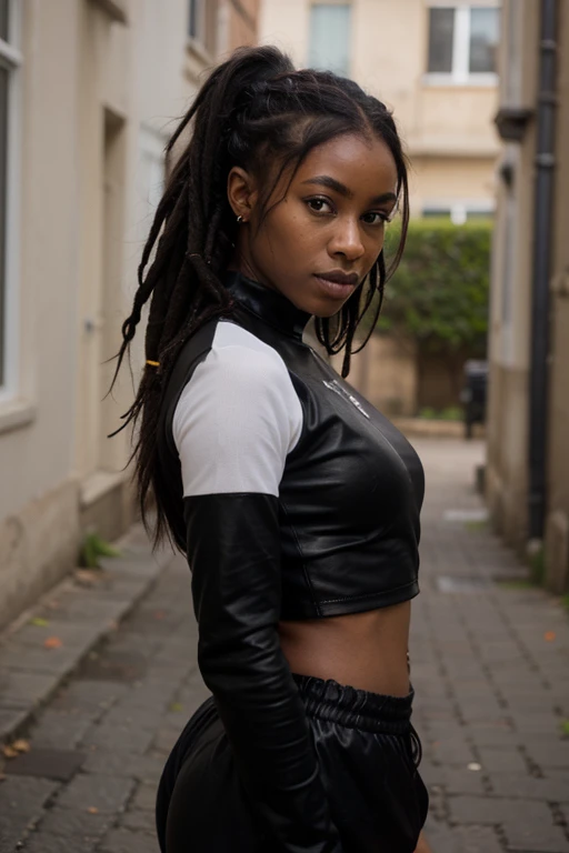 African black woman, very dark ebony skin, dreadlocks chignon, Fitness musclular body, close-up portrait, from face, leather tracksuit, street Block 