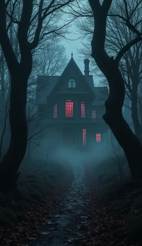 "A chilling, dark forest at night with twisted trees, fog creeping along the ground, and dim, eerie lighting. In the background, a dilapidated haunted house looms, its windows glowing faintly with an unsettling light. Shadows of ominous creatures, like gho...