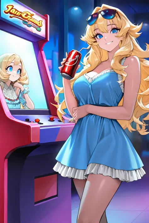   fair skin,  blond hair, Long pollina , wavy fringe, wavy tips,  Pretty hair,  blue eyes, ,  smile, Senos grandes,  big eyes, blue dress with skirt, skirt with white ruffles, Arcade machines ,  night. adult, A girl,  ultra quality, great detail,  pretty f...