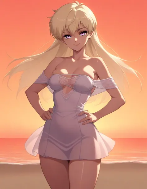 best quality, masterpiece, ultra detailed face,ultra detailed body, cinematic lighting, cowboy shot, sunset sky, beach background (skindentation:1.2), sean, 1girl, blonde hair, long hair, strapless, a white off the shoulder lace short dress, light purple e...