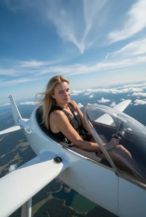 A beautiful Scandinavian woman, 
extraordinarily beautiful face, blond, 
(looking at the camera, beautiful face, detailed face),
flying lightly in an ultralight airplane between the white clouds floating in the vast blue sky.
Her blonde hair is blowing in ...