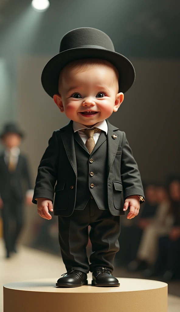 A newborn baby with a very large head ,  dressed in a suit and hat with a Rolex watch in a realistic full-body fashion show, stopped on the podium in a funny pose and smiled with two front teeth