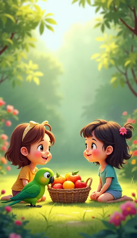 A cute cartoon green parrot is sitting on the floor and two cute cartoon baby girls are sitting on the floor in a garden where some fruits in a basket placed before them