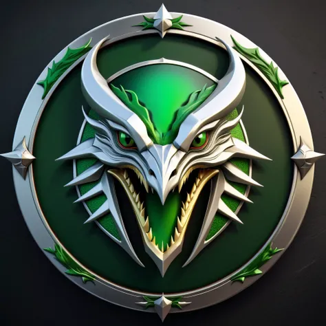 Realistic Round Shield Shape Emblem of a Chinese Platinum&Green Pterodactyl Head, Dark Theme, Face and Body, Cool, Platinum&Green Crown, Platinum&Green Pterodactyl For Honor Name, Cinematic, Dark Fantasy, Illustration, 4k, Ultra Resolution, 3Dv0.2v0.2 Rend...