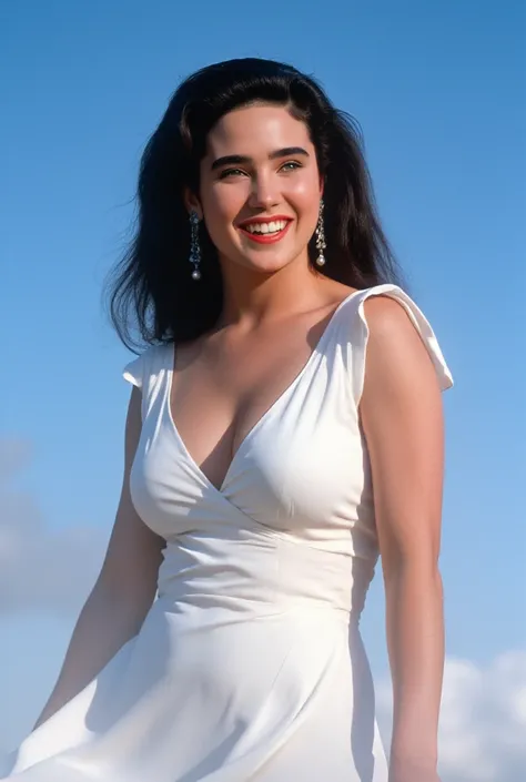 (masterpiece,  best quality:1.3),  photorealistic,  whole body shot,  Jennifer Connelly in the film The Rocketeer, wearing a white dress, joyful smile, under bright bluish light,