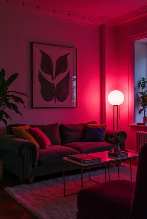  A cozy and at the same time a little mysterious living room in a dark apartment , bathed in soft pink lights .  The room has a luxurious sofa adorned with colored cushions ,  an elegant coffee table with some art books scattered over it and a soft glow em...