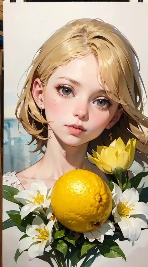  Art by Florist Mandy Disher、デジタル illustration 、 Portrait of a Young Girl 、 perfect anatomy 、Centered、Yellow Lemon Theme 、 Different Shades of Yellow 、 Lemon Peel and Pop Juice 、 close to perfect 、 dynamic、 very detailed、 watercolor、 ART STATION、 concept a...