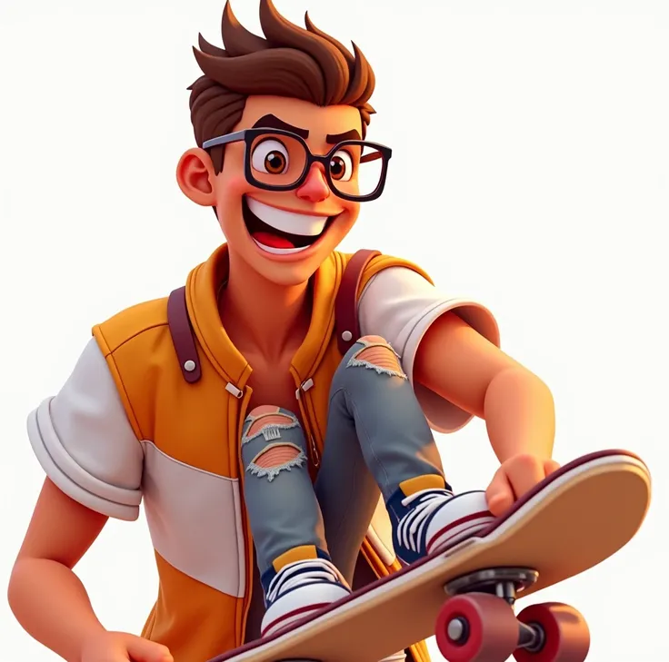  Creates a vibrant ,  Action scene of a young man Subway Surfers art style .,  but with realistic cars racing along the tracks .  The skater performs tricks while dodging modern cars .,  including an elegant sports car , An off-road vehicle ,  and a classi...