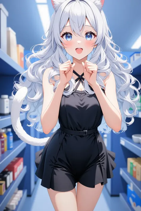 Girl with silver hair and cat ears, The girl with the white cat's tail, black mini skirt dress, supermarket shelf, I'm surprised and overjoyed, (((bust shot))), Put your hands on your mouth, lean forward, and rejoice,  Ceiling Fluorescent Light