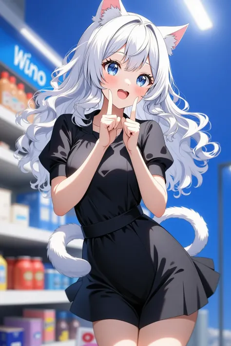 Girl with silver hair and cat ears, The girl with the white cat's tail, black mini skirt dress, supermarket shelf, I'm surprised and overjoyed, (((bust shot))), Put your hands on your mouth, lean forward, and rejoice,  Ceiling Fluorescent Light