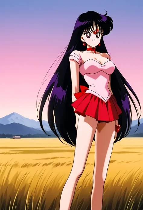 rei hino,  Very long hair,  black hair,  split bangs ,  purple eyes, 90s style, 1 girl, alone,  better quality,  masterpiece,  High Definition, strapless, a tight pink dress with short sleeves with bare shoulders, standing,  arms at the sides, collar, in t...