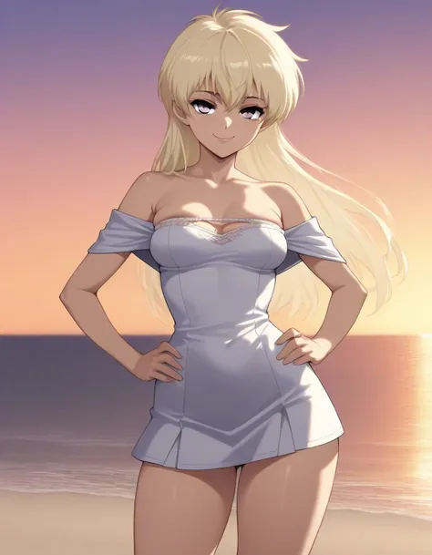 best quality, masterpiece, ultra detailed face,ultra detailed body, cinematic lighting, cowboy shot, sunset sky, beach background (skindentation:1.2), sean, 1girl, blonde hair, long hair, strapless, a black off the shoulder lace short dress, light purple e...