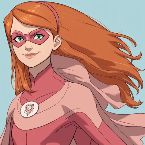 score_9, score_8_up, score_7_up, score_6_up, score_5_up, score_4_up, 1girl, solo, skinny, long hair, orange hair, green eyes, lips, hairband, mask, domino mask, bodysuit, pink bodysuit, superhero, cape, capelet, upper body, smile, looking at viewer,
light ...