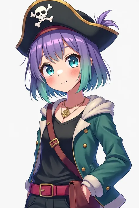 A girl, short green and purple hair, light blue eyes, my clothes like pirate girl but the style like normal people, anime version 